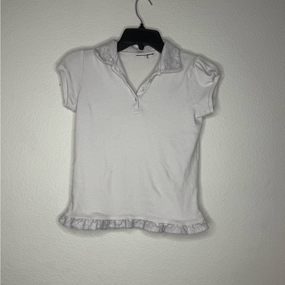 White Girls Polo Top with Ruffle Hem